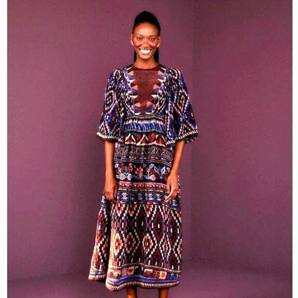 FARM Rio Dresses & Skirts - FARM Rio Maxi Dress M Blue Ainika Tapestry Tribal Aztec High Neck Party Resort